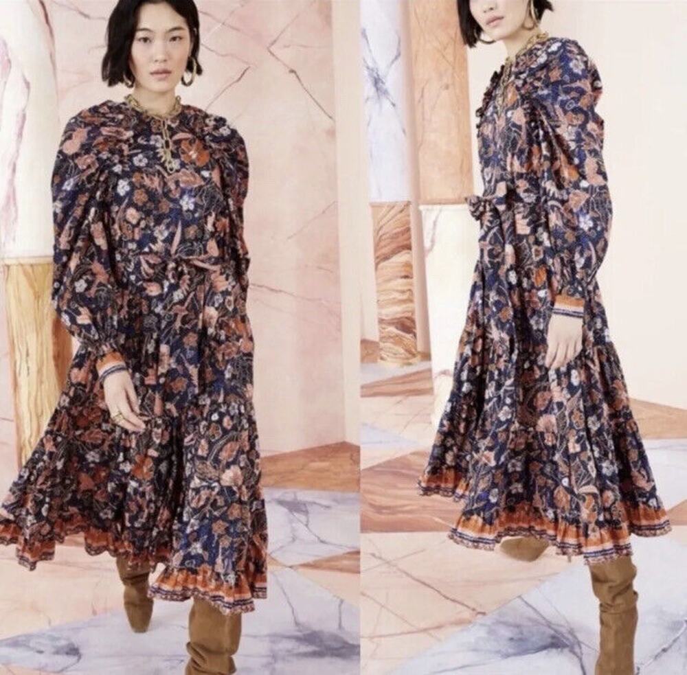 Ulla Johnson Samar Midi Dress Cottagecore Midnight Print Long Sleeve Size 6